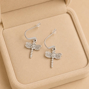 Tiny Dragonfly hook Earrings, Silver - - LadybugfeetDesigns -