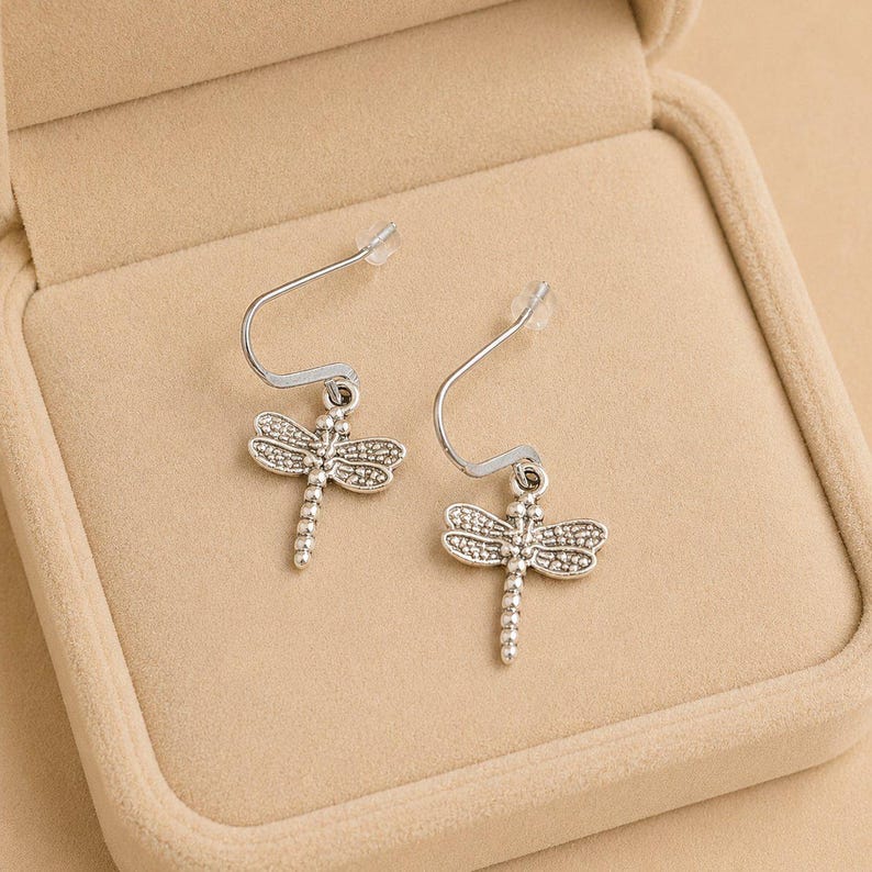 Tiny Dragonfly hook Earrings, Silver - - LadybugfeetDesigns -