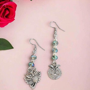 Mismatched Owl crystal hook earrings - - LadybugfeetDesigns -