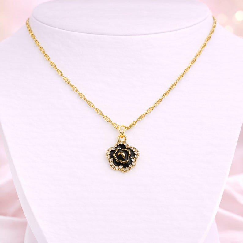 Sparkly Black Rose necklace, Gold- 20 inch - - LadybugfeetDesigns -