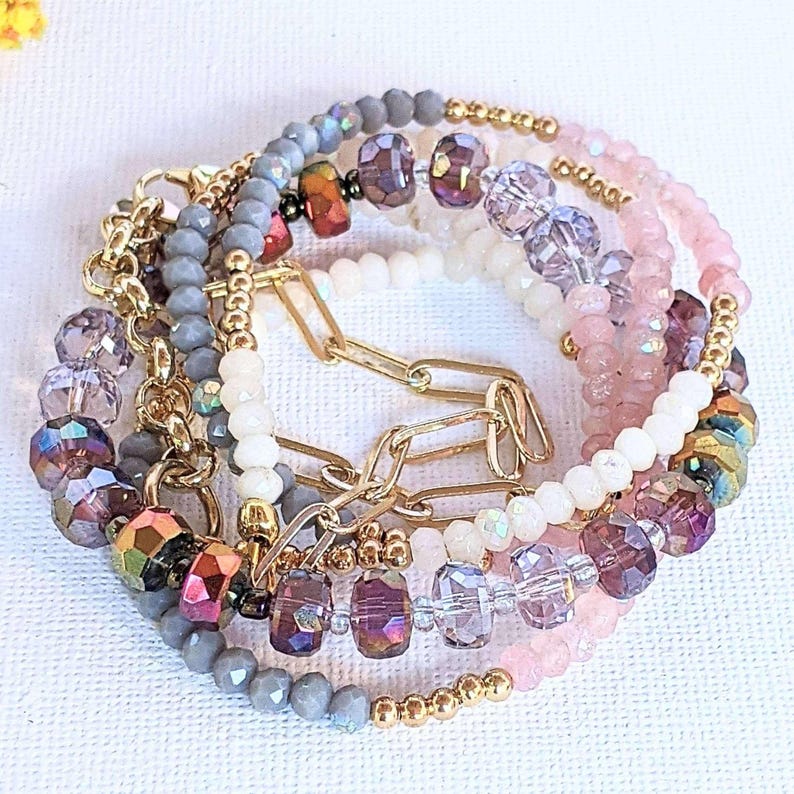 Pink Champagne Crystal Beaded Endless wrap bracelet - - LadybugfeetDesigns -