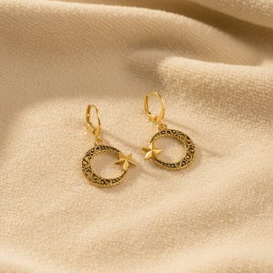 Fancy Crescent Moon Star Leverback Hoop Earrings, Gold - - LadybugfeetDesigns -