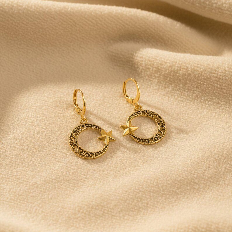 Fancy Crescent Moon Star Leverback Hoop Earrings, Gold - - LadybugfeetDesigns -