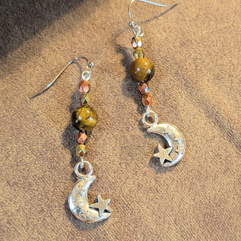 Crescent Moon Tiger's Eye Beaded Hook Earrings, Silver - - LadybugfeetDesigns -