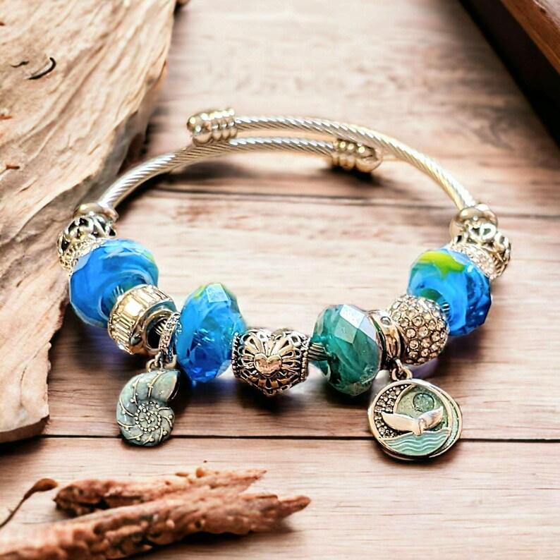 Ocean Lover Euro Cuff Wrap Bracelet, Silver - - LadybugfeetDesigns -