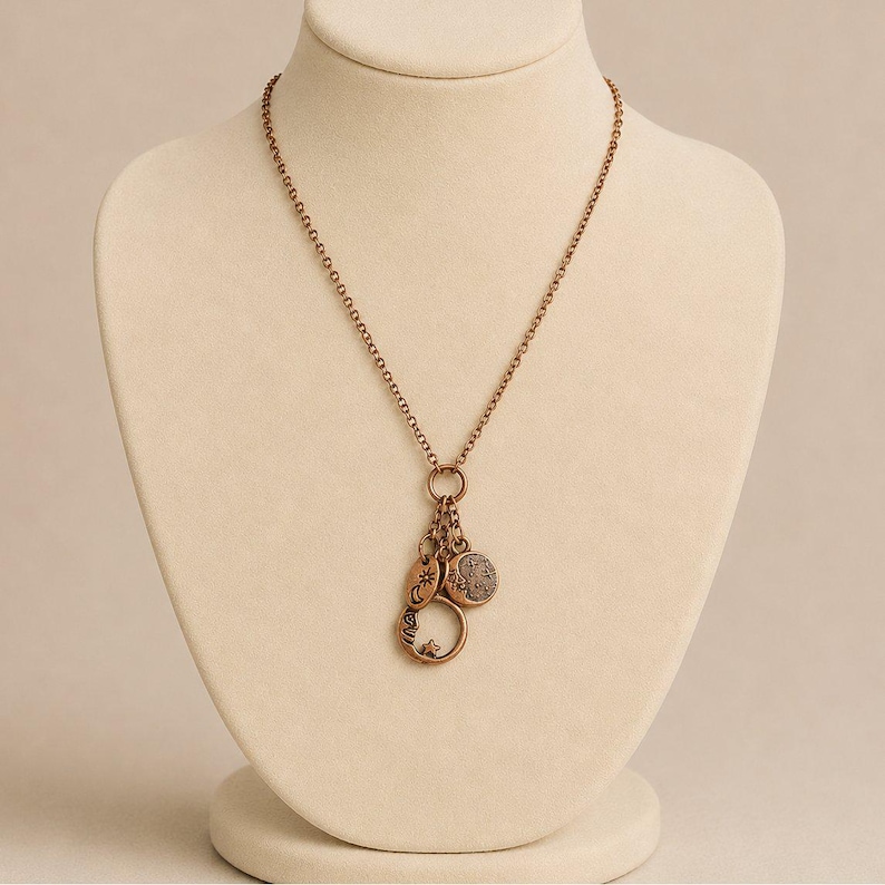 Crescent Moon Copper Charm Keeper Necklace, 18-24 inch - - LadybugfeetDesigns -