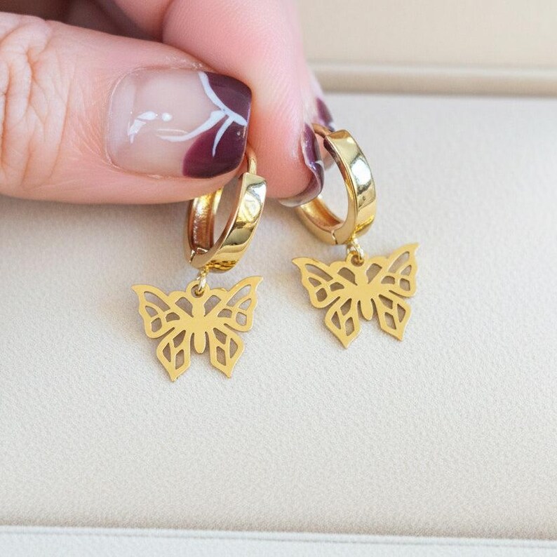 Gold Butterfly Hoop earrings, 16mm Hoop Drop - - LadybugfeetDesigns -