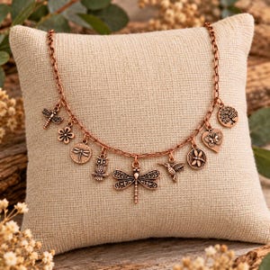 Boho Nature Multi Charm Link Necklace, Antique Copper- 20 inch - - LadybugfeetDesigns -