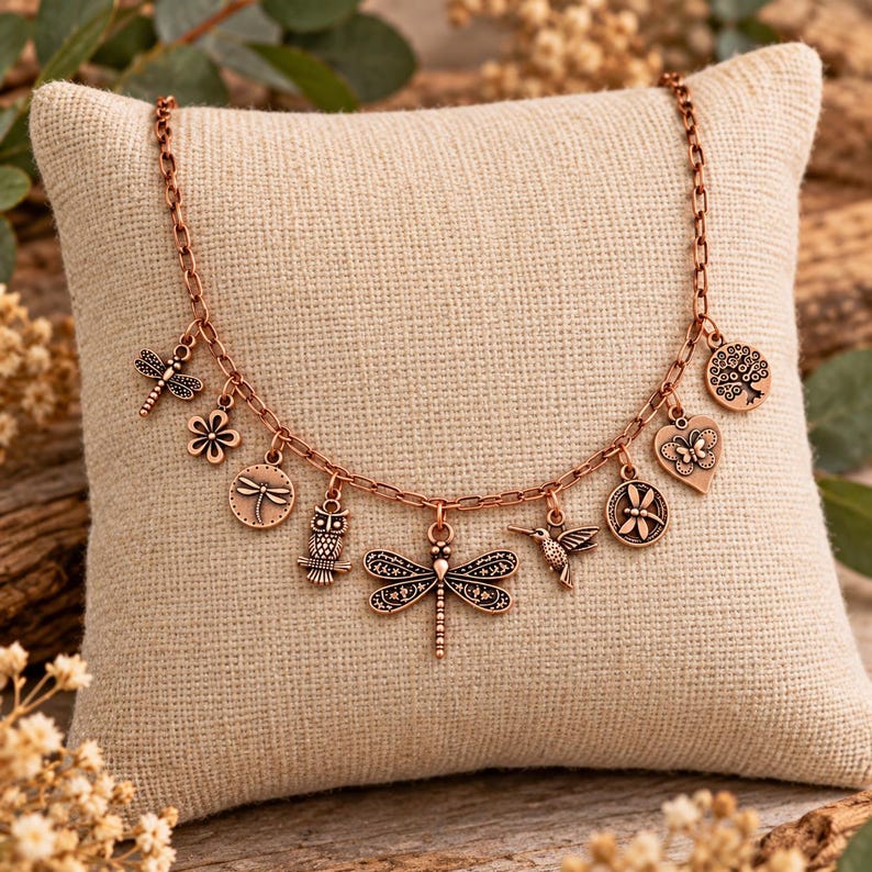 Boho Nature Multi Charm Link Necklace, Antique Copper- 20 inch - - LadybugfeetDesigns -