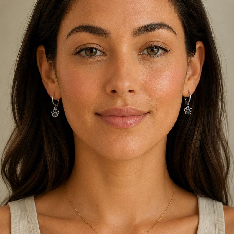 Dog/Cat Paw Mini Hoop Huggie Earrings, Silver- 12mm - - LadybugfeetDesigns -
