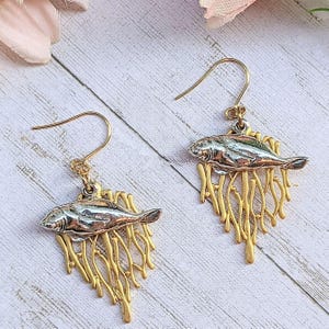 Silver Manatee Gold Seaweed Forest earrings - - LadybugfeetDesigns -
