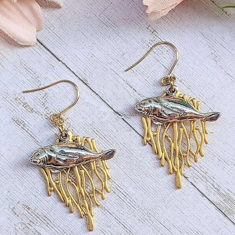 Silver Manatee Gold Seaweed Forest earrings - - LadybugfeetDesigns -