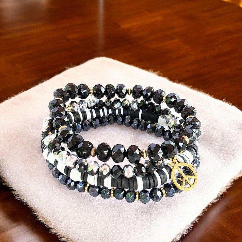 Black Crystal Peace Sign Stretch Bracelet Stack - - LadybugfeetDesigns -