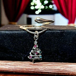 Christmas Tree Charm Dangle Wrap Ring - - LadybugfeetDesigns -