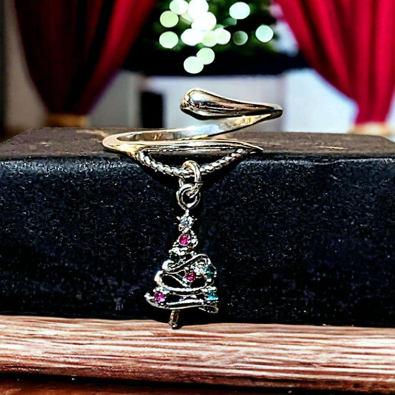 Christmas Tree Charm Dangle Wrap Ring - - LadybugfeetDesigns -