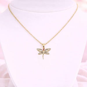 Dragonfly necklace, Gold - 20 inch - - LadybugfeetDesigns -