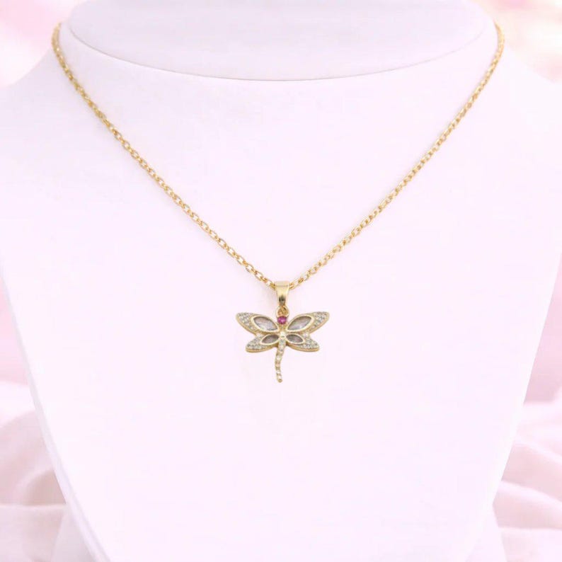 Dragonfly necklace, Gold - 20 inch - - LadybugfeetDesigns -