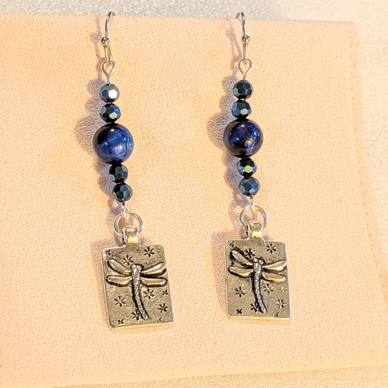 Blue Tiger's Eye Beaded Dragonfly Earrings - - LadybugfeetDesigns -