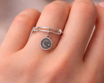 Crescent Moon Star Charm Ring, Silver