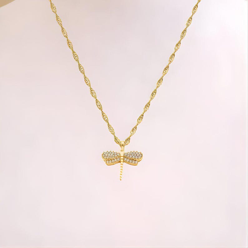 Sparkly Dragonfly necklace, Gold- 20 inch - - LadybugfeetDesigns -