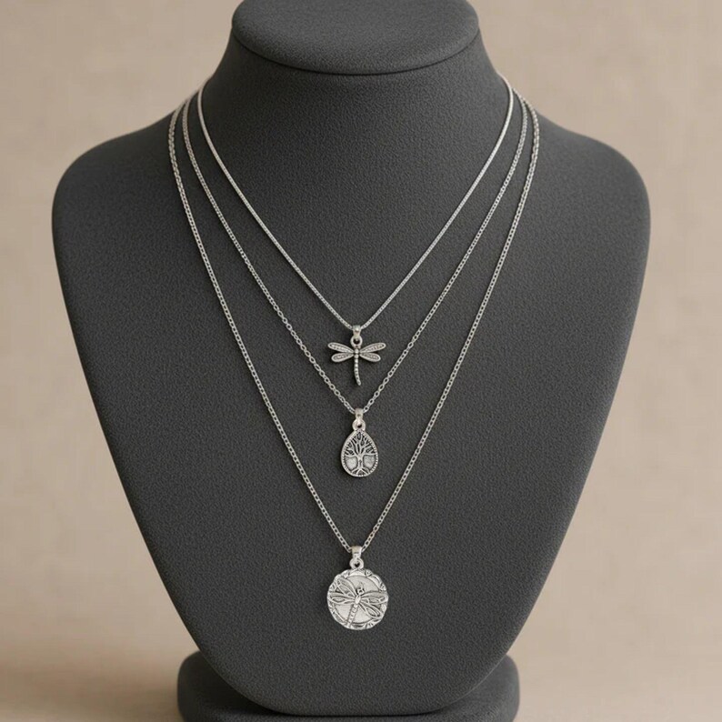 Dragonfly Layered Necklace Set, Silver - - LadybugfeetDesigns -