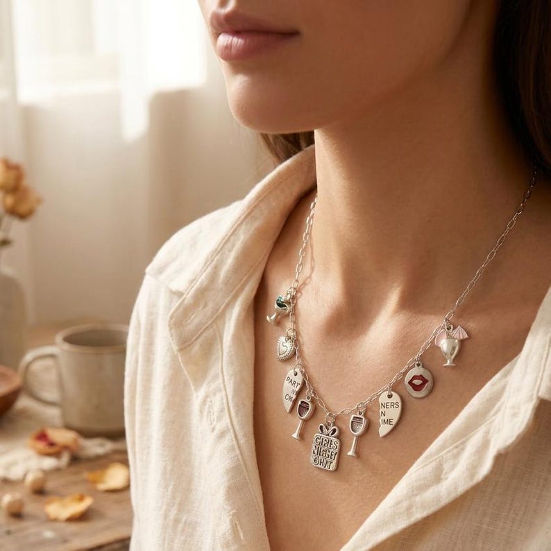 Girls Night Out Multi Charm Link Necklace, Silver - 20 inch - - LadybugfeetDesigns -