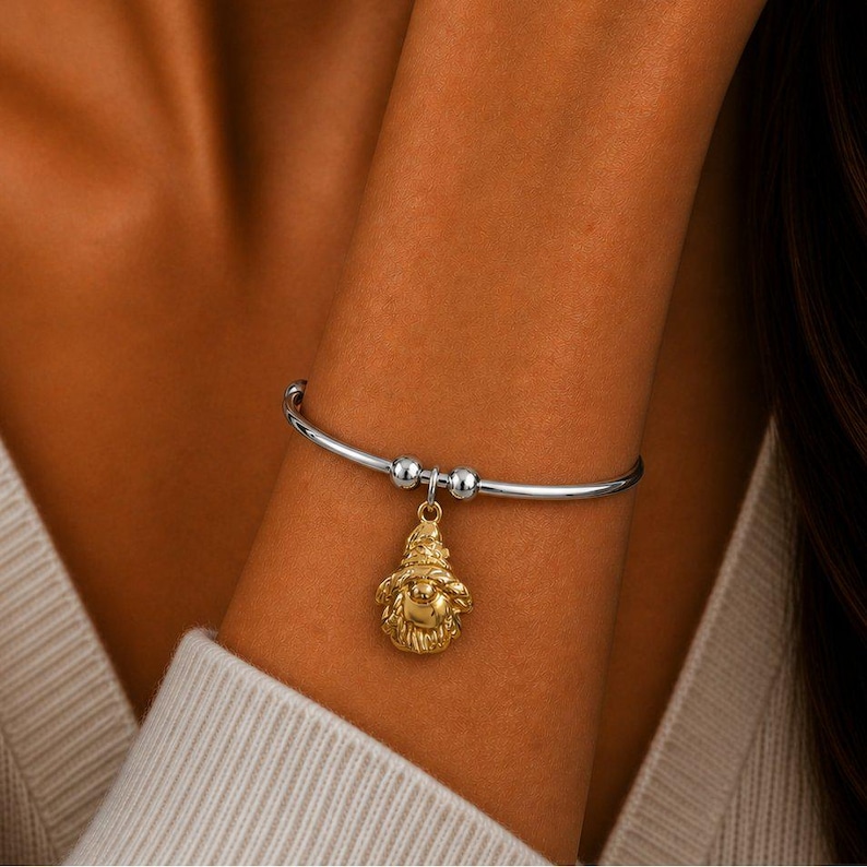 Gold Gnome Euro Bangle Cuff, Silver - - LadybugfeetDesigns -