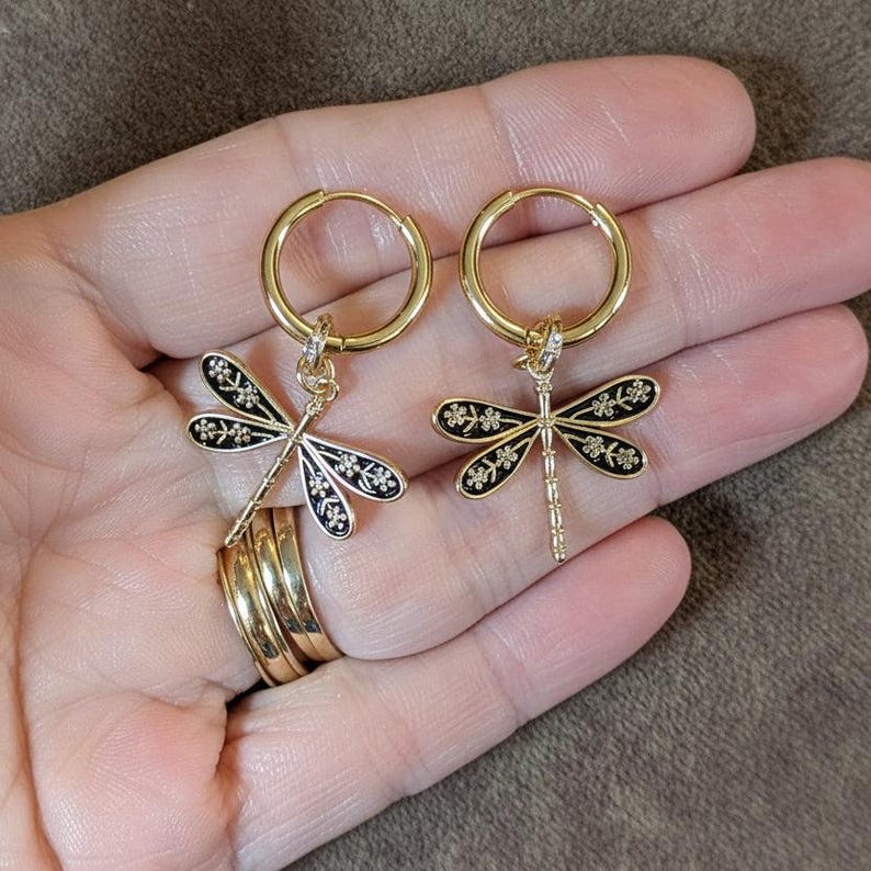 Dragonfly Huggie Hoop earrings, Gold - 12mm - - LadybugfeetDesigns -