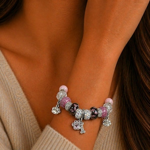 Dog Paw European beaded bracelet - Silver - - LadybugfeetDesigns -