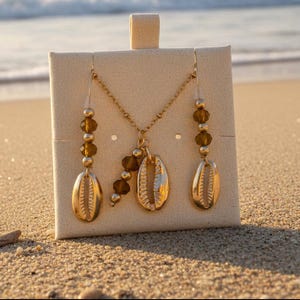 Cowrie Shell Crystal charm necklace and Earring set, Gold - - LadybugfeetDesigns -