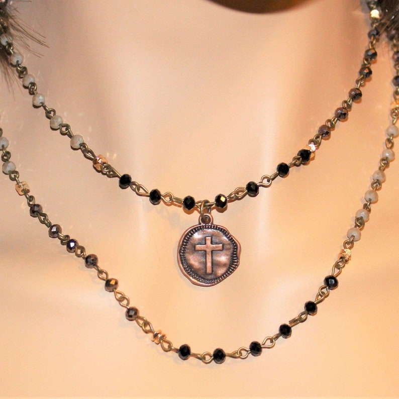 Layered Choker with Copper Hammered Cross Coin Pendant 12-17 image 1