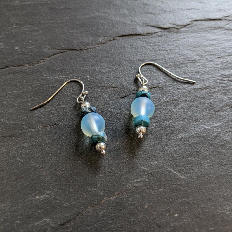 Turquoise/Blue Rainbow Glass Beaded Hook Earrings - - LadybugfeetDesigns -