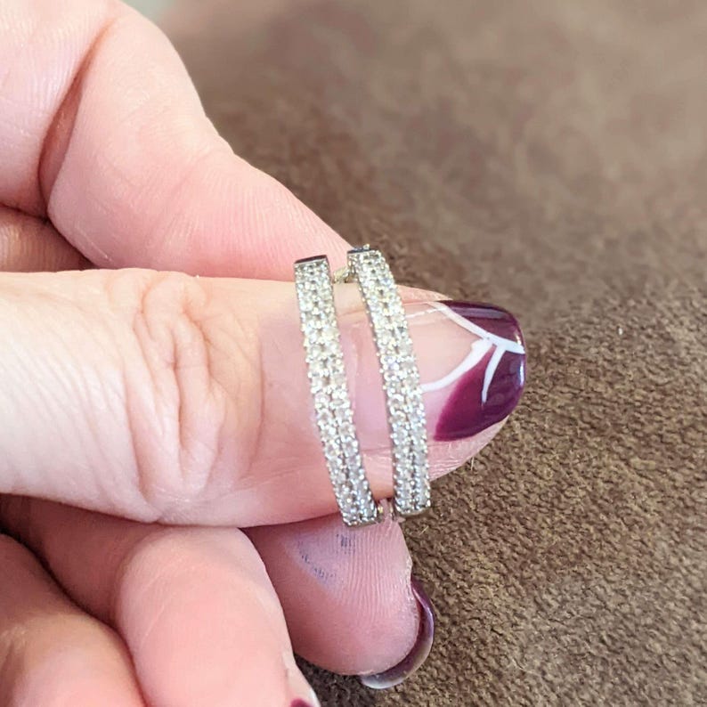 Silver Rhodium CZ Hoop earrings, Hoop Drop, 20mm - - LadybugfeetDesigns -