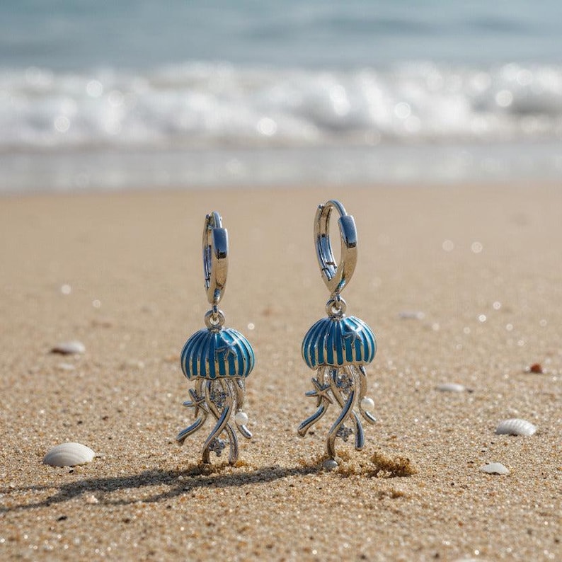 Jellyfish Huggie Hoop earrings, Silver - 15mm - - LadybugfeetDesigns -