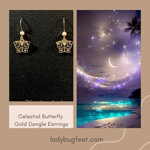 Celestial Butterfly Gold dangle earrings - - LadybugfeetDesigns -