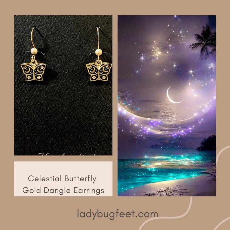 Celestial Butterfly Gold dangle earrings - - LadybugfeetDesigns -