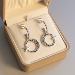 Fancy Crescent Moon Star Hoop Earrings, Silver - 16mm - - LadybugfeetDesigns -