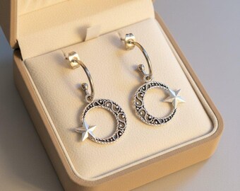 Fancy Crescent Moon Star Hoop Earrings, Silver - 16mm