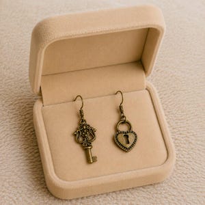 Key/Lock hook earrings, Antique Bronze - - LadybugfeetDesigns -