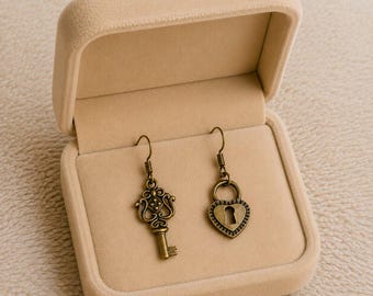 Key/Lock hook earrings, Antique Bronze