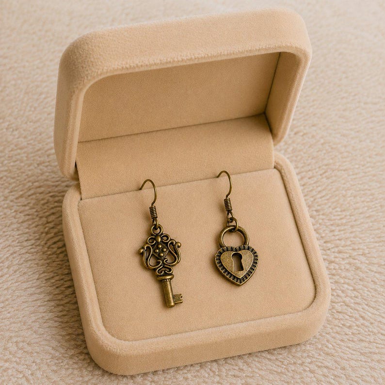 Key/Lock hook earrings, Antique Bronze - - LadybugfeetDesigns -