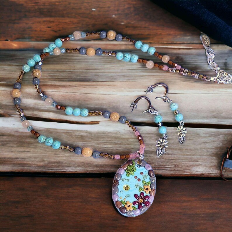Cobblestone Pond Beaded Necklace / Earring Set, 22 inch - - LadybugfeetDesigns -