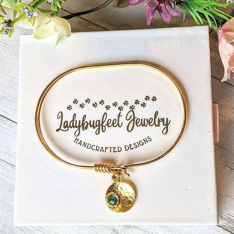 Gold Birthstone Cuff bangle, European Charm Bracelet - - LadybugfeetDesigns -