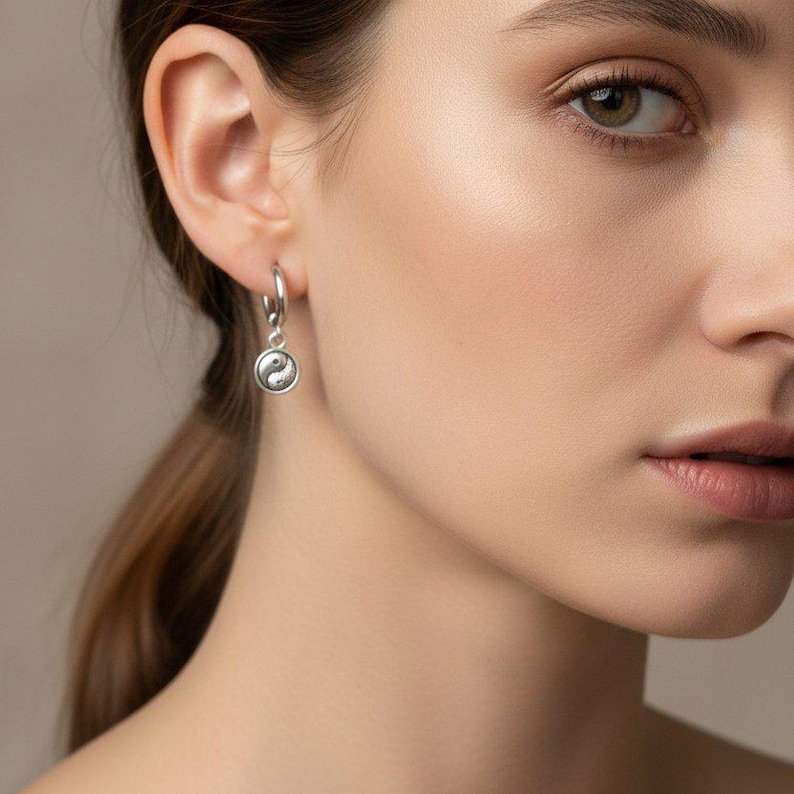 Yin Yang Huggie Hoop earrings, Silver - 12mm - - LadybugfeetDesigns -