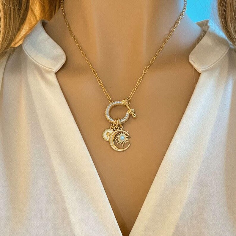 Opal Sun, Crescent Moon and Heart Shackle Clasp Carabiner Necklace, Gold - Adjusts up to 20 inches - - LadybugfeetDesigns -