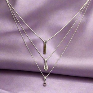 Silver Bar Amethyst Initial Leaf Layered Necklace Set, Silver - - LadybugfeetDesigns -