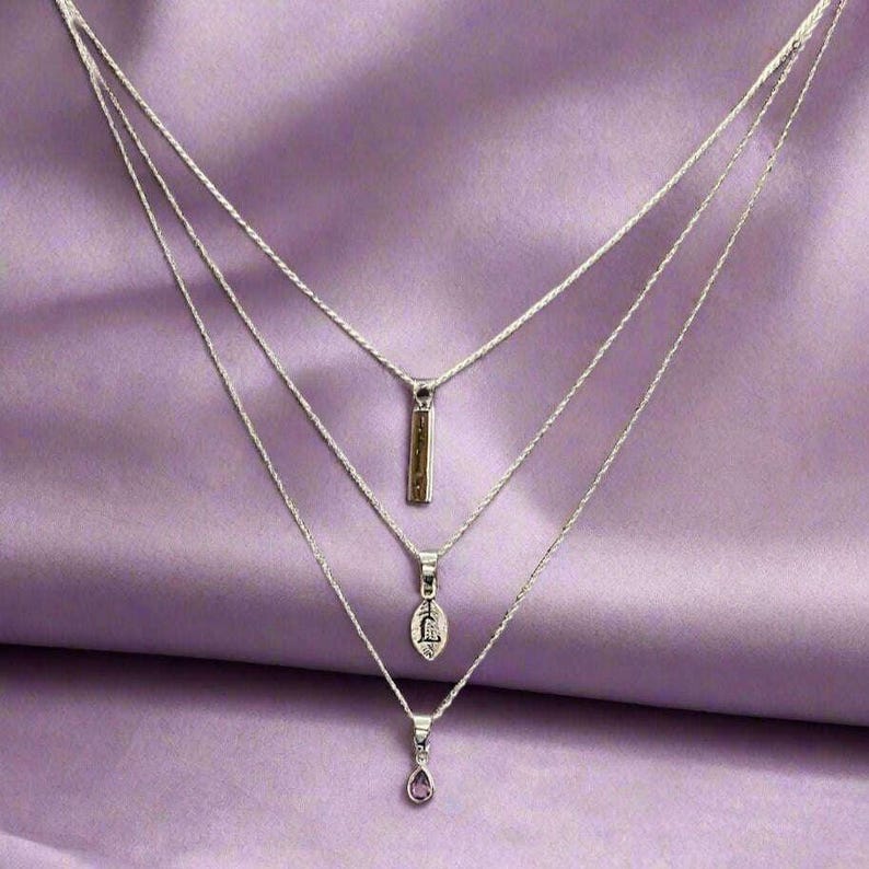 Silver Bar Amethyst Initial Leaf Layered Necklace Set, Silver - - LadybugfeetDesigns -
