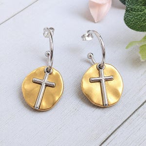 Cross Two-Tone Hoop Earrings, Silver - 16mm - - LadybugfeetDesigns -