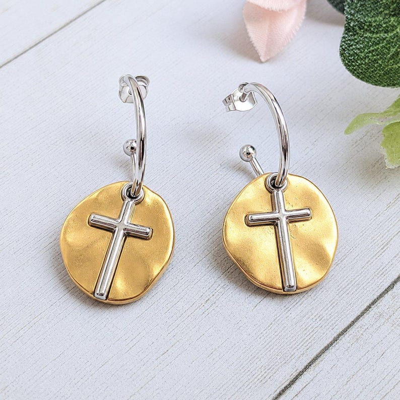 Cross Two-Tone Hoop Earrings, Silver - 16mm - - LadybugfeetDesigns -