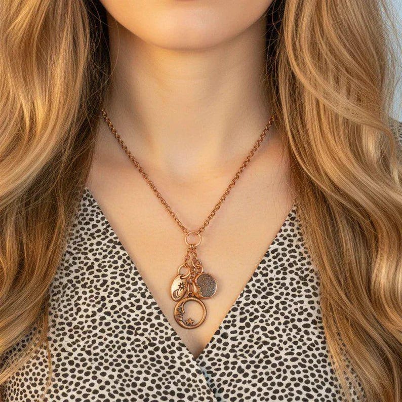 Crescent Moon Copper Charm Keeper Necklace, 18-24 inch - - LadybugfeetDesigns -